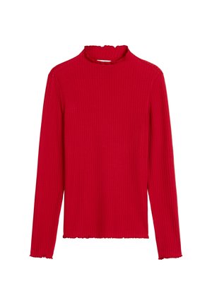 Red ribbed long-sleeve top with a high neck and a scalloped hem. Made from knit material with a textured finish.