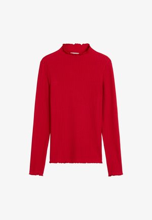 Maglietta a maniche lunghe rossa a coste con collo alto e orlo smerlato. Realizzata in materiale a maglia con una finitura testurizzata.