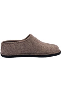 Pantofola in feltro marrone con un design semplice, forma arrotondata, schienale basso e suola nera, che offre una consistenza morbida e accogliente.