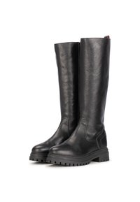 Botas de cuero negro hasta la rodilla con superficie texturizada, punta redonda y suela de goma resistente con surcos profundos para tracción.