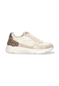 Sneaker mit einem weißen und beigen Mesh-Obermaterial, goldenen metallischen Akzenten und einem Leopardenmuster an der Ferse. Verfügt über einen Schnürverschluss und eine strukturierte Sohle.