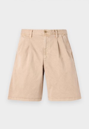 Beige shorts made of cotton, featuring a straight cut, pleated front, side pockets, and a single button closure at the waist.