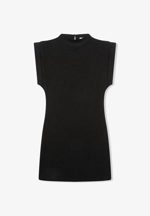 Abito nero senza maniche con scollatura alta, spalle strutturate e una piccola chiusura sul retro; realizzato in un tessuto liscio e leggermente texturizzato.