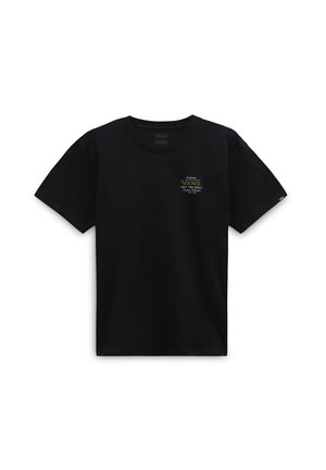 Schwarzes Baumwoll-T-Shirt mit Rundhalsausschnitt, kurzen Ärmeln und einem kleinen gestickten Vans-Logo in Weiß und Orange auf der Brust.