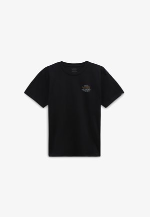 Black cotton T-shirt with a round neckline, short sleeves, and a small embroidered Vans logo in white and orange on the chest.
