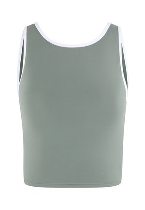 Ärmelloses, kurz geschnittenes Tanktop in gedämpftem Grün mit weißer Einfassung an Armausschnitten und Ausschnitt.