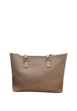 Bruine tote tas met herhalend patroon van het "Gattinoni Roma" logo, twee beige handvatten met gouden hardware en een klein centraal logoplaatje.