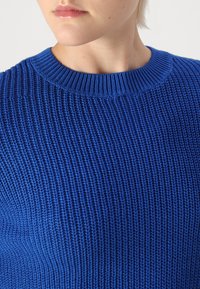 Maglione blu lavorato a maglia con texture, caratterizzato da un collo a girocollo a costine e da una vestibilità aderente, che mette in risalto il motivo tessuto del materiale.