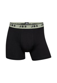 Schwarze Boxershorts mit einer enganliegenden Passform, gefertigt aus weichem Material. Mit einem hellgrünen Bund, der mit "JBS" in Schwarz beschriftet ist.