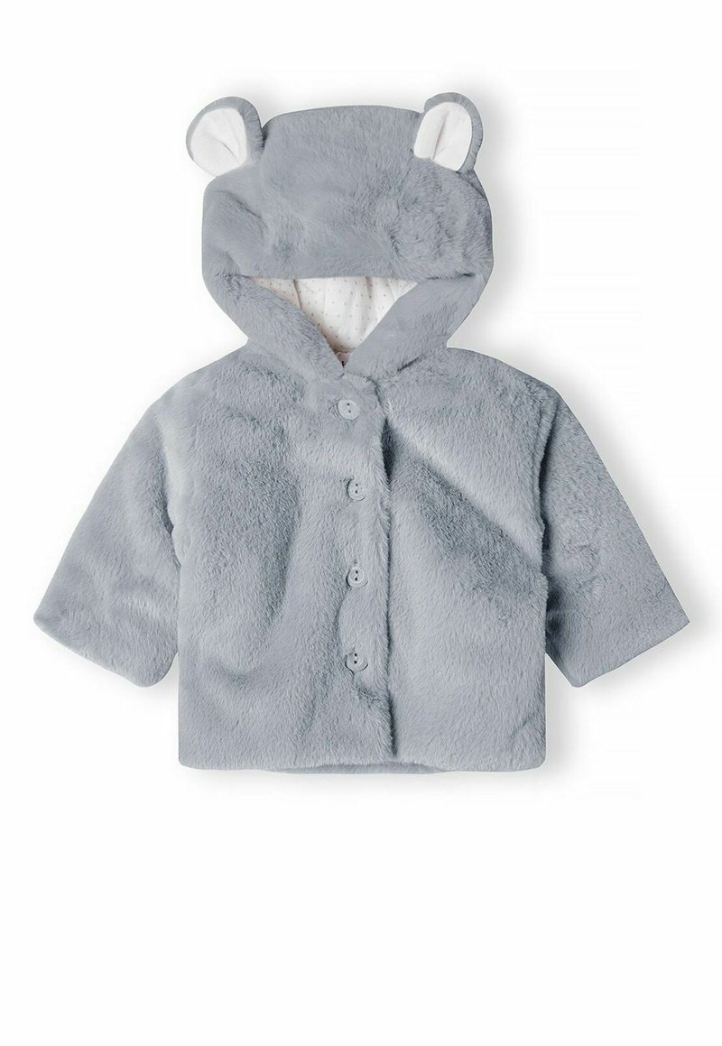 Manteau pour tout-petit gris clair doux avec capuche ornée de petites oreilles d'ours et quatre boutons sur le devant, doublé d'un tissu blanc imprimé de pois gris.