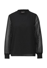 Camiseta de manga larga negra con cuello alto, que presenta un patrón en textura de chevron y puños elásticos. Fabricada con un tejido ligero y transparente.