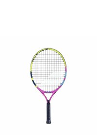 Racchetta da tennis con un telaio rotondo e colorato in giallo, rosa e blu, con un motivo a rete e un'impugnatura nera texturizzata.