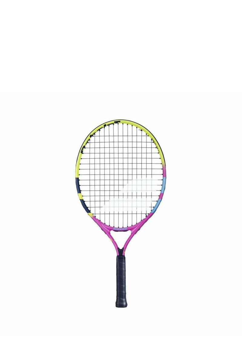 Racchetta da tennis con un telaio rotondo e colorato in giallo, rosa e blu, con un motivo a rete e un'impugnatura nera texturizzata.