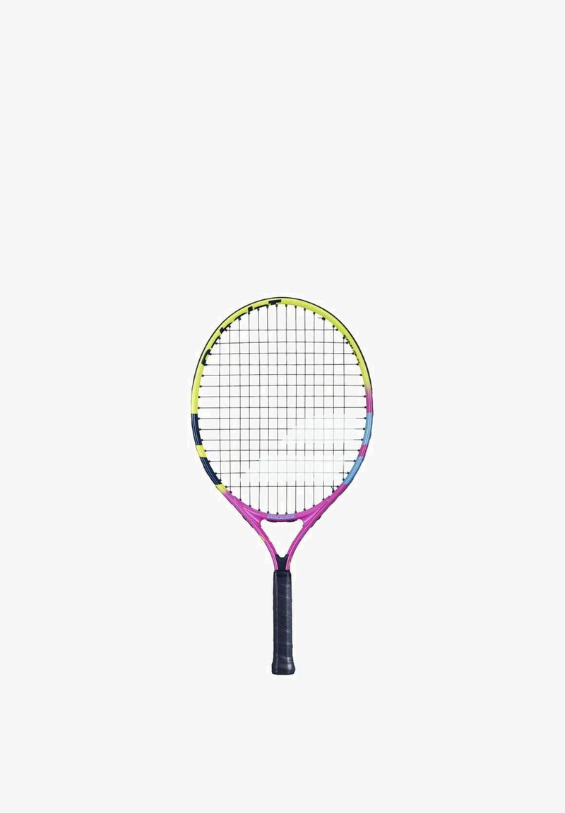 Racchetta da tennis con un telaio rotondo e colorato in giallo, rosa e blu, con un motivo a rete e un'impugnatura nera texturizzata.