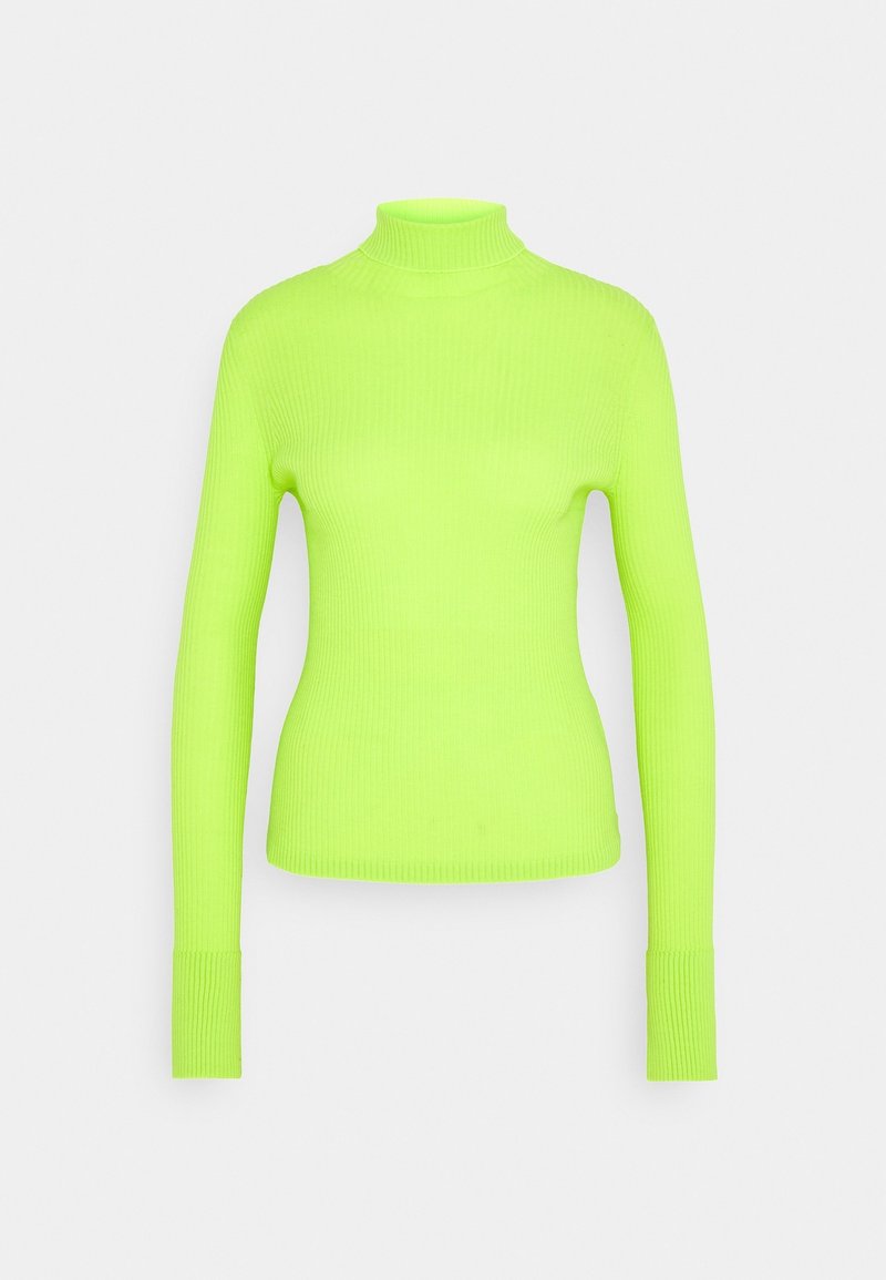 Pull à col roulé en maille côtelée vert néon à manches longues avec une silhouette ajustée et des poignets prolongés, présenté sur un fond clair uni.