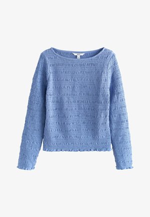 Bluza texturată bleu cu mâneci lungi, fabrică strânsă în pliuri, guler rotund și tiv plus manșete ușor drapate, pe fundal alb.