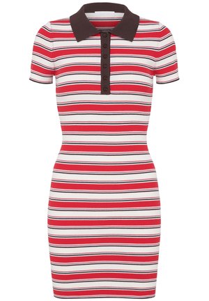 Lühikeste varrukatega soonikkoes kleit punaste, valgete ja mustade horisontaalsete triipudega, pruun polo krae ja nööpidega esiküljel.