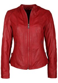 Rote Lederjacke mit taillierter Passform, mit Reißverschluss vorne und Seitentaschen. Sie verfügt über vertikale Nähte und einen Stehkragen.