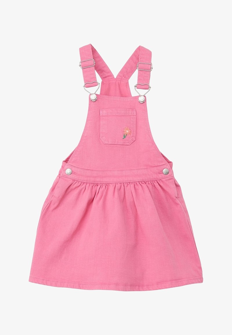 Robe rose pour tout-petit avec bretelles ajustables, boucles en métal en forme de cœur, poche avant avec fleur brodée et jupe froncée.