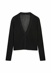 Schwarze gerippte Strickjacke mit V-Ausschnitt, langen Ärmeln und verkürztem Design. Mit einer Knopfleiste vorne und weicher Textur.