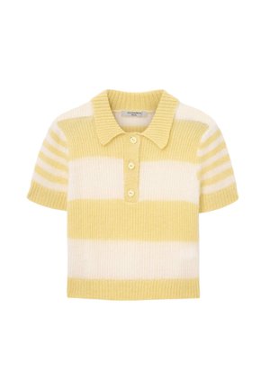 Gelb-weiß gestreiftes, gestricktes Polohemd mit kurzen Ärmeln, geripptem Kragen und Vier-Knopf-Leiste. Weiche Textur, lockere Passform.