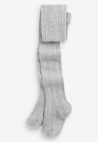 Collant grigi in maglia con un motivo a treccia testurizzato. Hanno una finitura morbida e un design senza cuciture, adatti per una copertura completa della gamba.