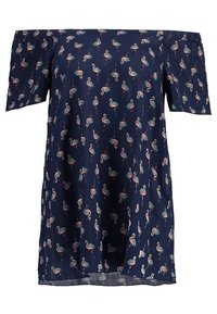 Marinblus utan axlar med flamingotryck i rosa och grönt. Tillverkad av lättviktsmaterial, med korta ärmar och lös passform.