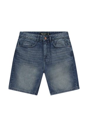 Donkere blauwe denim short met een gladde textuur, vijfzakkenontwerp en een knoopsluiting in de taille met subtiele stikseldetails.