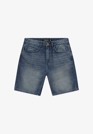 Donkere blauwe denim short met een gladde textuur, vijfzakkenontwerp en een knoopsluiting in de taille met subtiele stikseldetails.