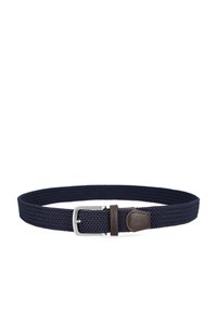 Granatowy, pleciony elastyczny pasek z metalową srebrną klamrą, brązowy skórzany akcent w pobliżu klamry, strukturalny pleciony wzór na całej długości.