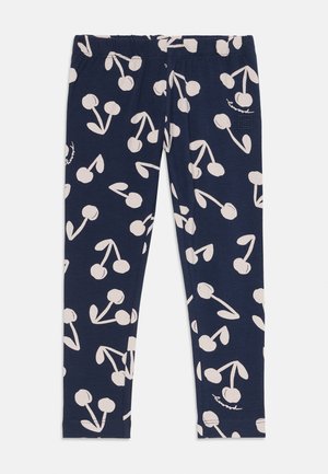 Marineblaue Leggings aus weicher Baumwolle mit einem cremefarbenen Kirschmuster, einem elastischen Bund und einem kleinen gestickten Detail auf einer Seite.