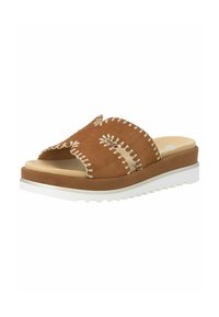 Sandale slide en daim marron avec surpiqûres blanches contrastées, semelle intérieure beige rembourrée et semelle extérieure blanche texturée.
