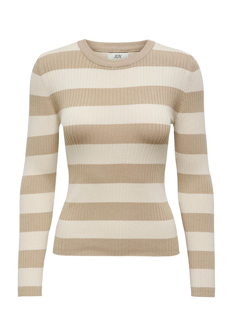 Beige en crèmekleurig gestreept ribbed long-sleeve sweater met een aansluitend ontwerp en ronde halslijn. Soepele textuur met contrasterende horizontale strepen.