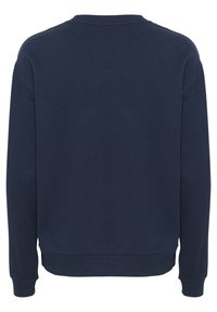 Sweat-shirt bleu marine à manches longues avec col rond et poignets et ceinture côtelés, vu de dos.