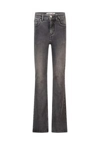 Jeans acampanados en denim gris oscuro, con una cintura de altura media, cinco bolsillos y costuras en contraste a lo largo de las costuras. Textura suave.