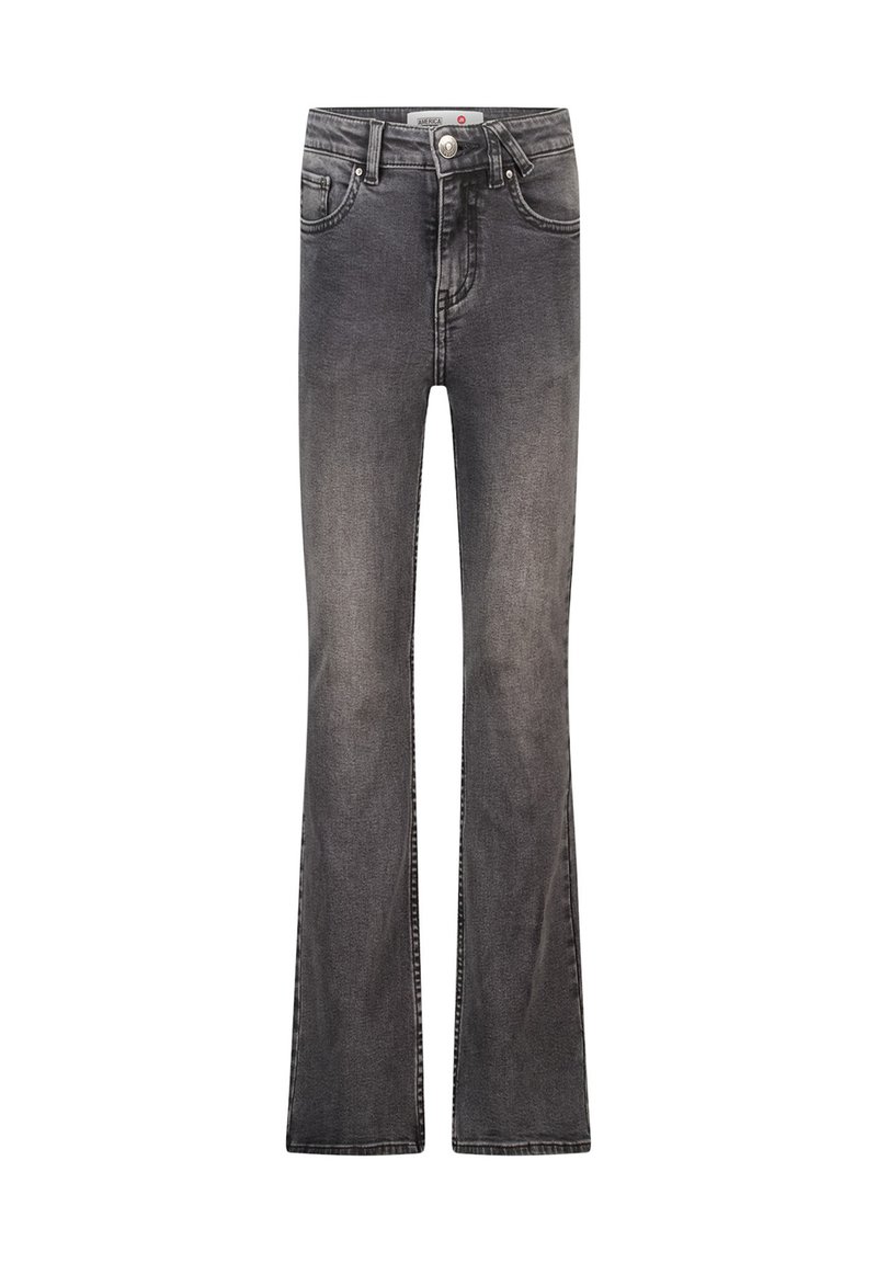 Jeans acampanados en denim gris oscuro, con una cintura de altura media, cinco bolsillos y costuras en contraste a lo largo de las costuras. Textura suave.