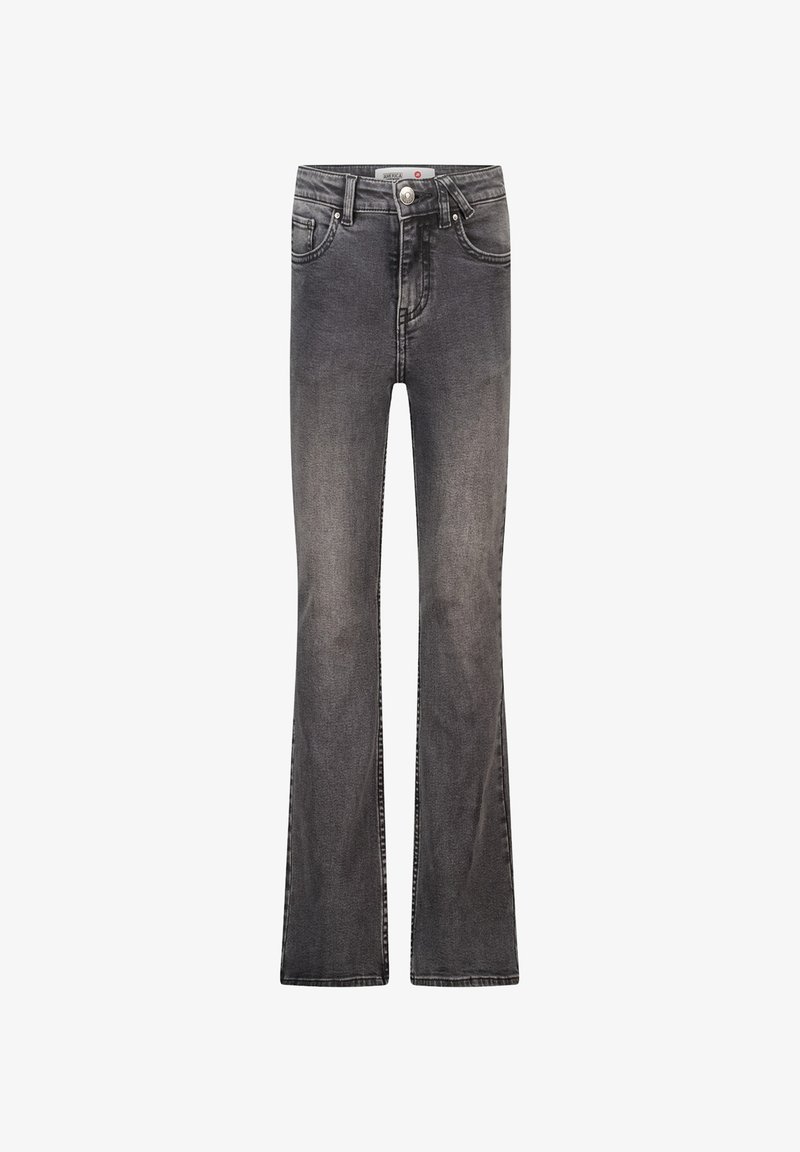 Jeans acampanados en denim gris oscuro, con una cintura de altura media, cinco bolsillos y costuras en contraste a lo largo de las costuras. Textura suave.