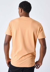 Camiseta de manga corta en color melocotón, confeccionada con una tela suave, que presenta un corte holgado y costuras mínimas, vista desde la parte posterior.