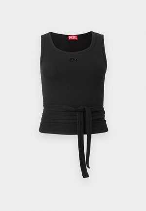 Top corto nero senza maniche a coste con scollo tondo, cintura annodata ai lati e piccolo logo Diesel sul petto.