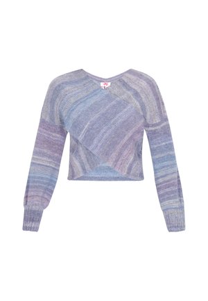 Fioletowy i niebieski prążkowany sweter typu cropped z długimi rękawami, z dekoltem w kształcie litery V oraz miękkim, teksturowanym materiałem dzianinowym.