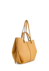 Gelbe Leder-Tote-Bag mit zwei Griffen, glatter Textur und abgerundeter Silhouette. Verfügt über eine zentrale Naht und keine sichtbaren Beschläge.