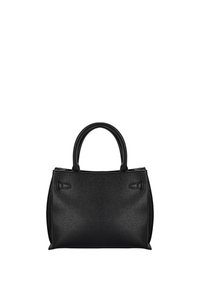 Zwarte leren draagtas met een korrelige textuur, afgeronde handvatten en een gestructureerde vorm, met subtiele stiksels en zonder zichtbare versieringen.