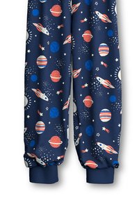 Navy blue joggers with a space-themed pattern featuring rockets, planets, and stars; elastic cuffs at the ankles; smooth fabric texture.