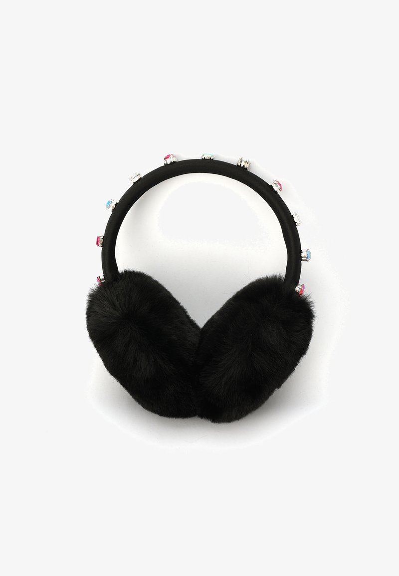 Oreilles de chat en fausse fourrure noires avec un bandeau rembourré, ornées d'accents colorés sur le dessus. Texture douce, forme ronde, accessoire d'hiver.