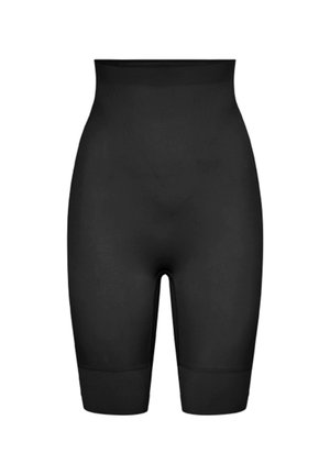 Czarne wysokowalne spodenki modelujące z gładkim wykończeniem, sięgające do połowy uda, zaprojektowane w celu zapewnienia wsparcia i modelowania sylwetki.