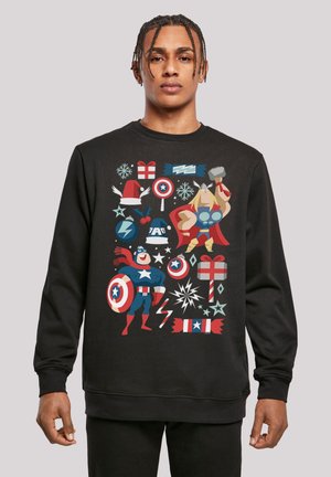 Sort sweatshirt med farverige grafikker af superhelte, gaver og festlige elementer. Glat stof med rund halsudskæring.