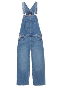 Spijkerbroek-overalls in lichtblauw met een losse pasvorm, rechte pijpen, verstelbare bandjes, voorzakken en een geborduurde patch op het schort.