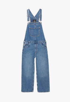 Niebieskie ogrodniczki z denimu o luźnym kroju, prostych nogawkach, regulowanych paskach, kieszeniach z przodu oraz z naszywką z logo na froncie.