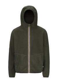 Felpa con cappuccio in verde oliva scuro con zip frontale, cerniera a strisce arcobaleno, due tasche frontali e un tessuto morbido e trama pelosa.