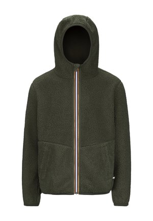 Felpa con cappuccio in verde oliva scuro con zip frontale, cerniera a strisce arcobaleno, due tasche frontali e un tessuto morbido e trama pelosa.